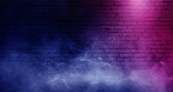 Background of empty brick old wall, spotlight, neon light, smoke
