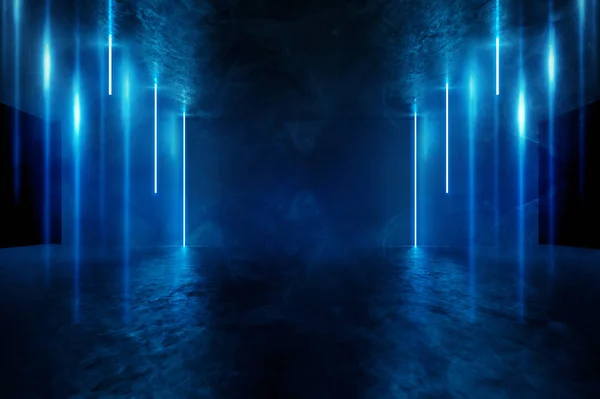 Background of empty room, tunnel. Concrete coating. Laser lines. Smoke, neon light