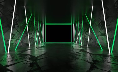 Arka plan boş oda, beton zemin ve duvarlar, fayans. Çok renkli lazer çizgileri, neon ışık, duman