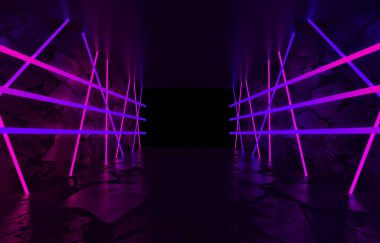 Arka plan boş oda, beton zemin ve duvarlar, fayans. Çok renkli lazer çizgileri, neon ışık, duman