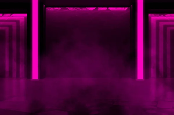 Hintergrund Des Leeren Raumes Mit Betonwänden Und Fußboden Rosa Neonlicht — Stockfoto