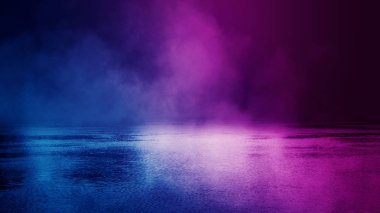 Arka plan boş sokak sahne. Su gece manzara nehir, gece gökyüzü bulutlu, ışığın yansıması. Sis duman