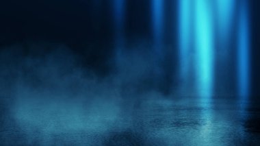 Arka plan beton kaldırım ile boş odası. Neon ışık. Duman, sis, ışık yansıması ile ıslak asfalt