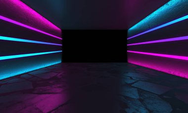 Arka plan beton duvar ve yer karoları ile boş bir oda. Pembe ve mavi neon ışık, duman. Spot ışık