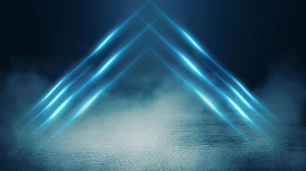 Background of empty room with concrete pavement. Neon light. Smoke, fog, wet asphalt with light reflection