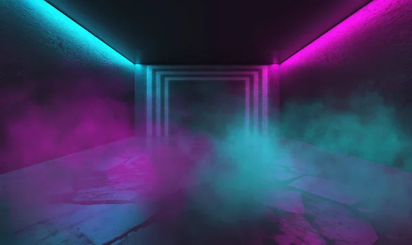 Тлі Порожньої Кімнати Бетонними Стінами Плиткою Підлоги Рожеве Блакитне Неонове — стокове фото