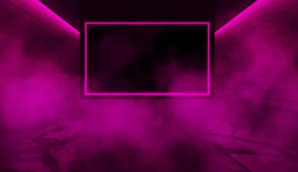 Фон Пустой Комнаты Бетонными Стенами Напольной Плиткой Розовый Фиолетовый Неоновый — стоковое фото