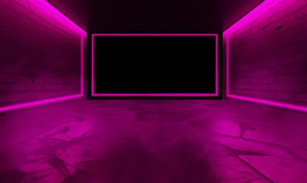 Фон Пустой Комнаты Бетонными Стенами Напольной Плиткой Розовый Фиолетовый Неоновый — стоковое фото