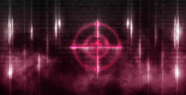 Neon Target Brick Wall Background Laser Lights Rays Light Futuristic — Stock Photo, Image