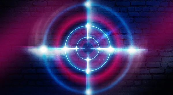 Neon target on a brick wall background with laser lights and rays of light, futuristic abstract background.