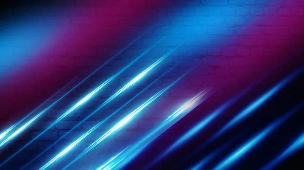Backsteinmauer Hintergrund Neonlicht Blaue Und Lila Strahlen Futuristischer Abstrakter Hintergrund — Stockfoto