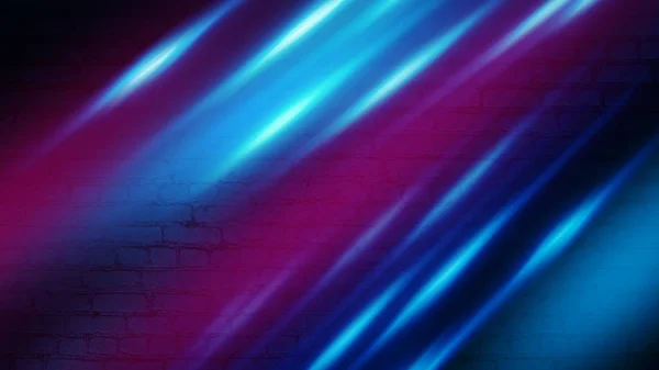 Brick wall background, neon light, blue and purple rays. Futuristic Abstract Background