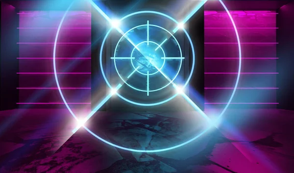 Futuristic abstract background. Empty room background, concrete. Neon blue and pink light smoke. Laser lines, laser target in the center of the room.