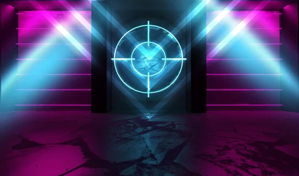 Futuristic abstract background. Empty room background, concrete. Neon blue and pink light smoke. Laser lines, laser target in the center of the room.