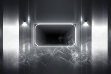 Arka planda - boş bir tünel Oda neon lambasının ışığı yanar. Arka plan boş alanı. Beton kaplama, lazer kare şekilde odanın ortasına. 3D çizim