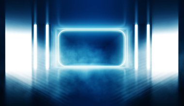 Arka planda - boş bir tünel Oda neon lambasının ışığı yanar. Arka plan boş alanı. Beton kaplama, lazer kare şekilde odanın ortasına. 3D çizim