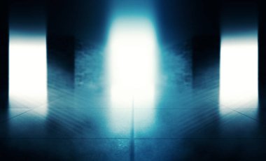 Boş oda ve koridorun arka planı. Beton döşemeler. Projektör ışığı, duman