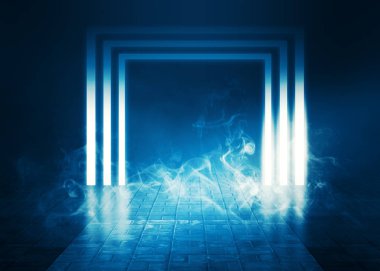 Arka plan boş oda, sokak. Kaldırım döşeme beton zemin. Neon ışık, duman, duman