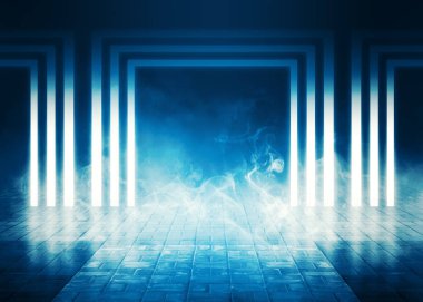 Arka plan boş oda, sokak. Kaldırım döşeme beton zemin. Neon ışık, duman, duman