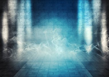Tuğla duvarları ve beton döşemeleri olan boş bir odanın arka planı. Mavi neon ışığı, spot ışığı, lazer figürleri, duman.