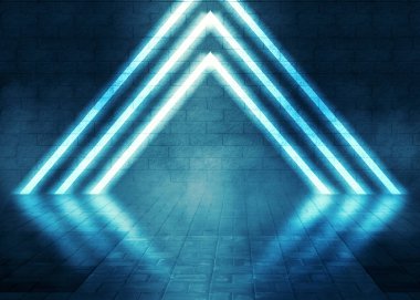 Tuğla duvarları ve beton döşemeleri olan boş bir odanın arka planı. Mavi neon ışığı, spot ışığı, lazer figürleri, duman.