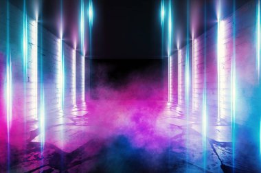 Tuğla duvarlar ve neon ışıkları, lazer hatları ve çok renkli duman ile boş bir oda arka plan