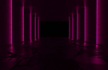 Tuğla duvarlar ve neon ışıkları ile boş bir oda arka plan, la