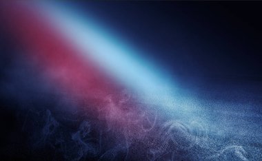 Koyu boş sahne, neon projektör çok renkli ışınları, ıslak asp