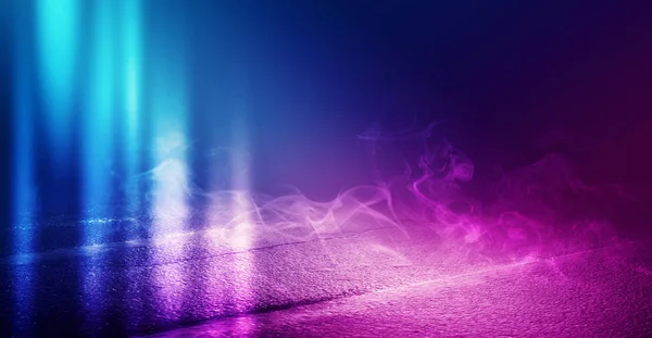 Background of empty room with concrete pavement. Blue and pink neon light. Smoke, fog, wet asphalt with reflection of lights