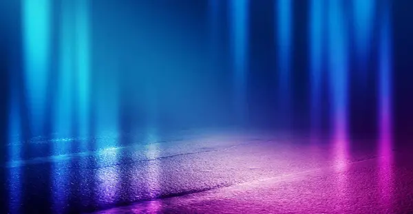 带混凝土路面的空房间的背景。蓝色和粉红色的霓虹灯。烟、雾、湿沥青与反射灯 — 图库照片