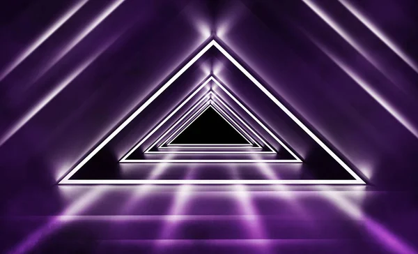 Fondo futurista con formas de neón de un triángulo, reflexión, humo. Túnel vacío con luz neón. ilustración 3d — Foto de Stock