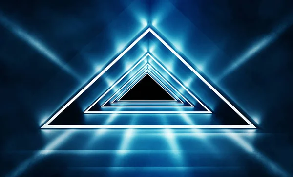 Futuristic background with neon shapes of a triangle, reflection, smoke. Empty tunnel with neon light. 3d illustration — Stock Photo, Image