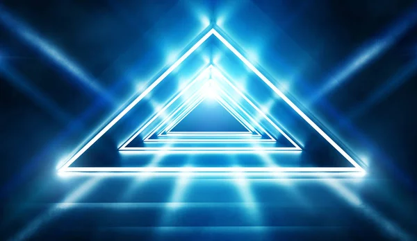 Футуристический фон с неоновыми формами треугольника, отражением, дымом. Пустой туннель с неоновым светом. 3d иллюстрация — стоковое фото