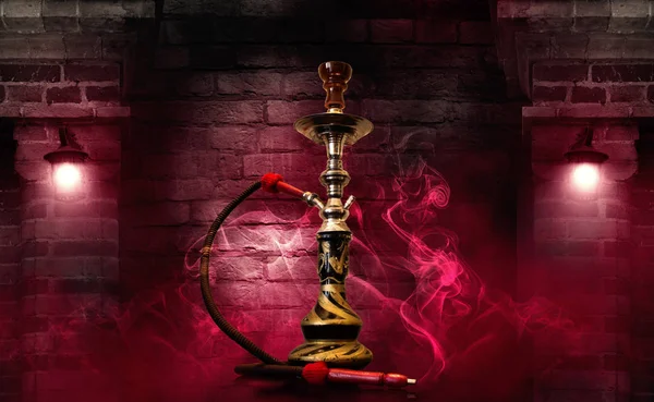 Hookah smoke on the background of an empty brick wall and concrete floor. Spotlight, neon red light, smoke