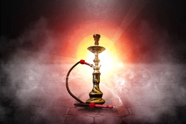 Κάπνισμα ναργιλέ σε μαύρο φόντο αφηρημένη. Κόκκινο φως νέον, καπνός, αιθαλομίχλη — Φωτογραφία Αρχείου