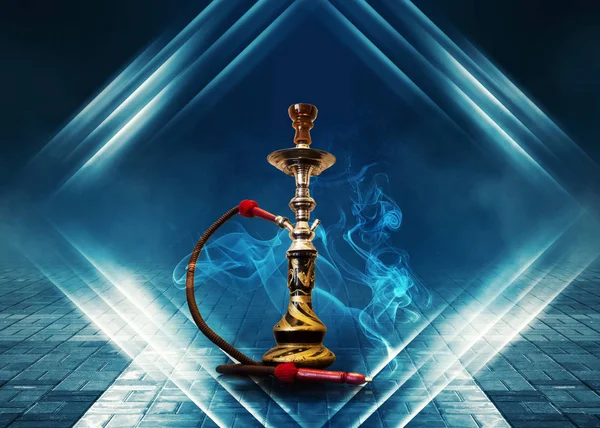 Smoke hookah dark, blue grunge background. Concrete covering, tile. Neon light, smoke, smog