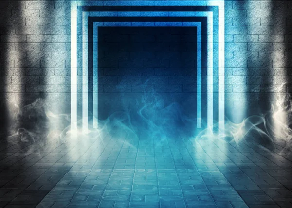 De achtergrond van een lege ruimte met bakstenen muren en betonnen vloertegels. Blauw neonlicht, schijnwerpers, laserfiguren, rook — Stockfoto