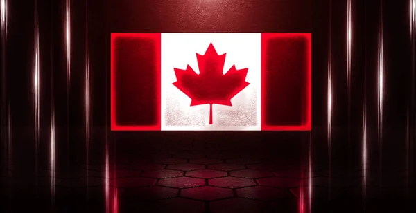 Canada neon flag on old brick wall background. Neon multicolored light smoke. — Stock Photo, Image