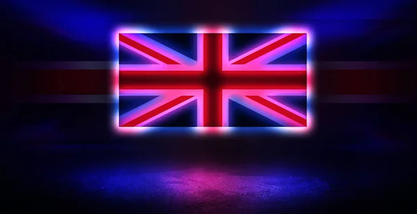 Neon United Kingdom flag on old brick wall background. Neon multicolored light smoke — Stock Photo, Image