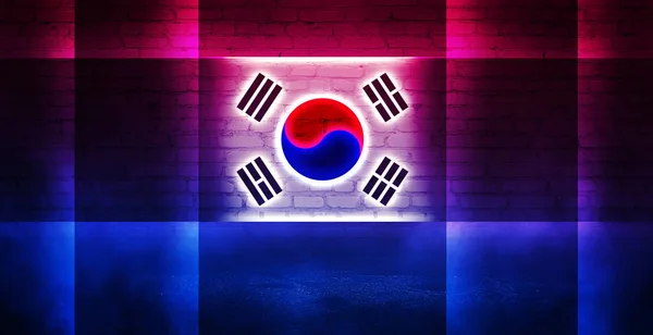 Neon Korea flag on old brick wall background. Neon multicolored light, smoke