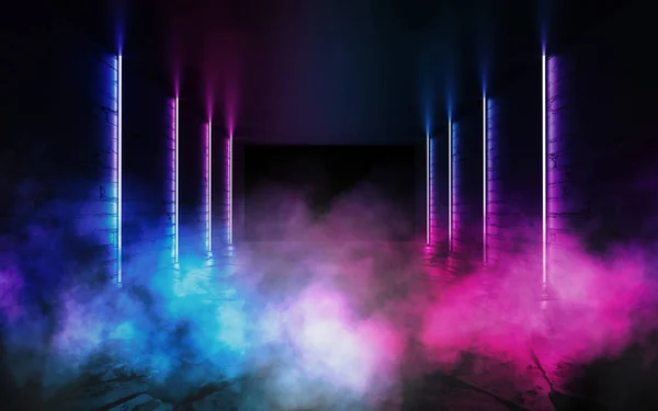 Background of an empty room with brick walls and neon lights, laser lines and multi-colored smoke