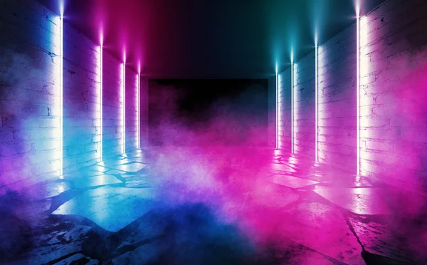 Background of an empty room with brick walls and neon lights, laser lines and multi-colored smoke — Stock Photo, Image