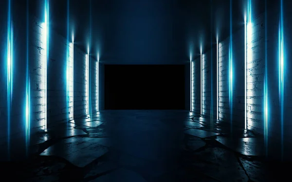 Background of an empty room with brick walls and neon lights, laser lines and multi-colored smoke