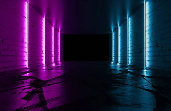 Hintergrund eines leeren Raumes mit Ziegelwänden und Neonlichtern, — Stockfoto