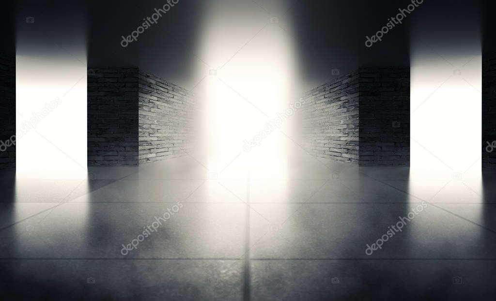 Background from empty room, corridor. Concrete floor tiles. Projector Light, Smoke