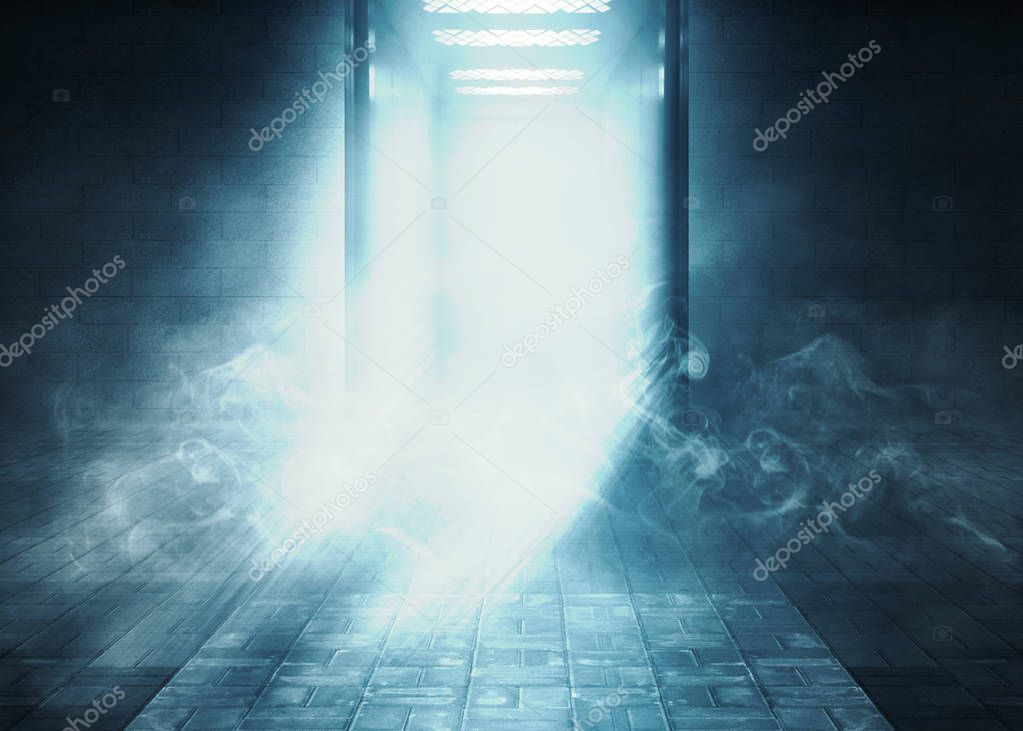 Background of empty room with brick walls and concrete concrete tiles. Open elevator doors. Blue neon light, spotlight, laser shapes, smoke