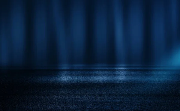 Dark empty stage, multicolored rays of neon searchlight, wet asphalt, smoke, night shooting, bokeh color.