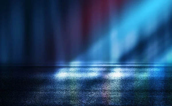 Dark empty stage, multicolored rays of neon searchlight, wet asphalt, smoke, night shooting, bokeh color.