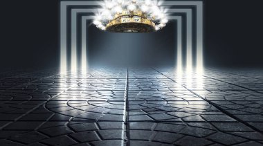 Boş sahne arka planı. Yanan antika avizeli boş bir oda. Neon ışık duman