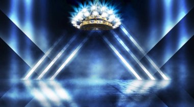 Boş sahne arka planı. Yanan antika avizeli boş bir oda. Neon ışık duman